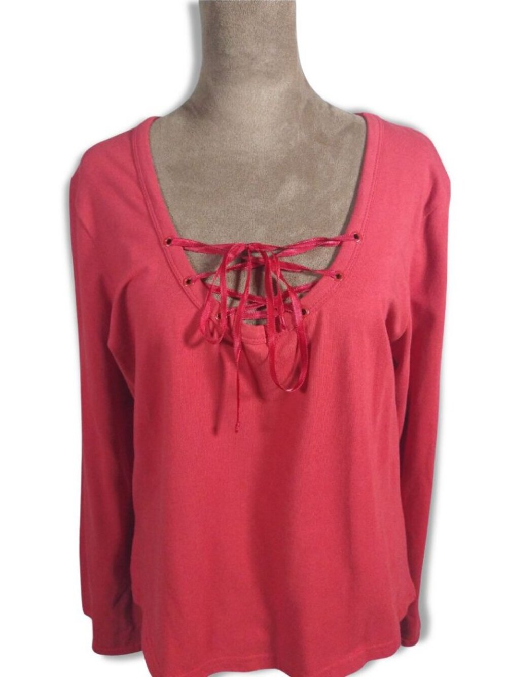 Mixit Red Lace-Up Long Sleeve Top XL Made in USA Cotton Spandex
